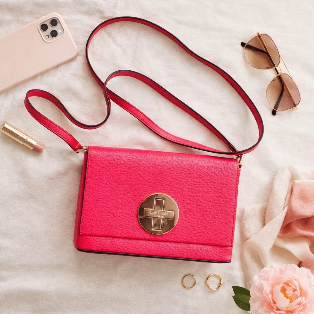 Kate Spade New York Pink Saffiano Leather Turn Lock Crossbody Bag PXRU3503